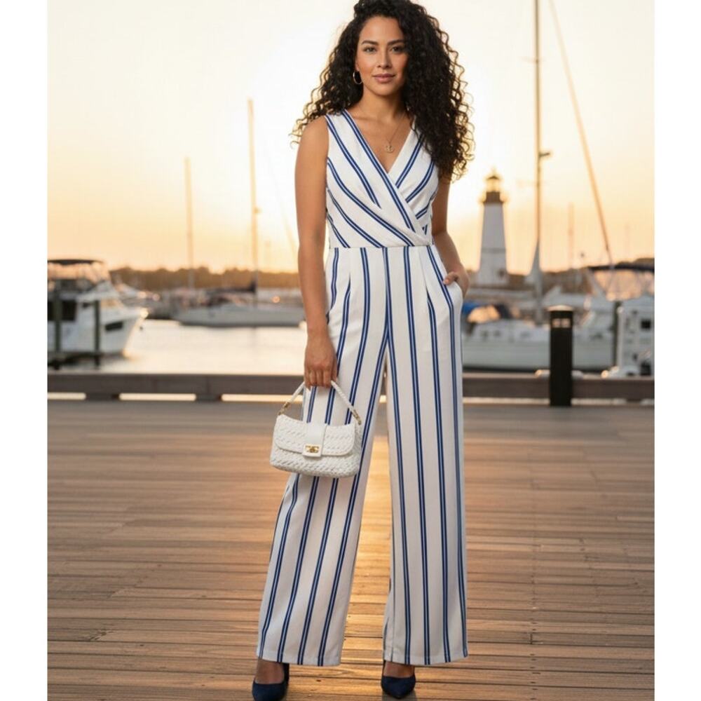 Nautical Blue & White Striped Sleeveless Wrap Jumpsuit Size S | Milk & Honey